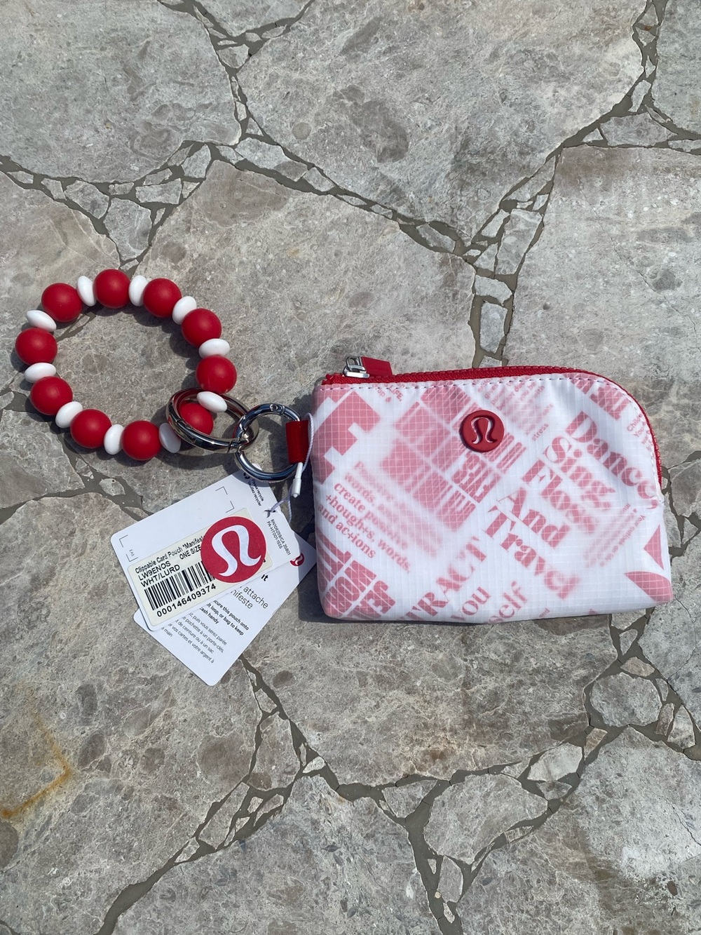lululemon Manifesto Clippable Pouch and Red & White Beaded Wristlet Keychain